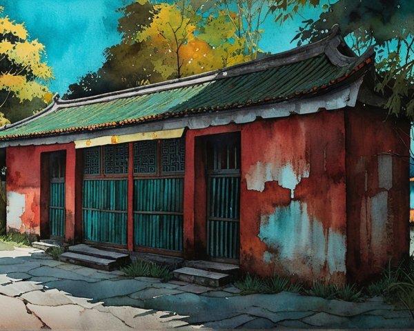 Watercolor Painting of a Weathered Red Building