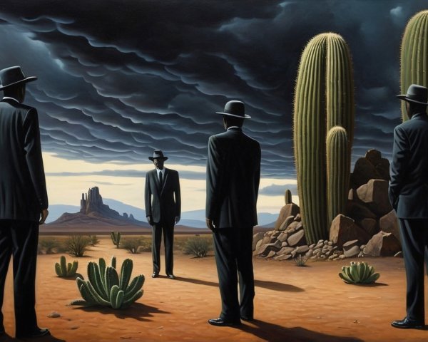 Surreal Desert Scene with Figures in Black Suits