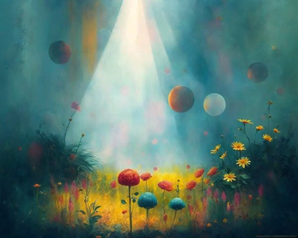Ethereal Landscape with Colorful Flowers and Celestial Bodies