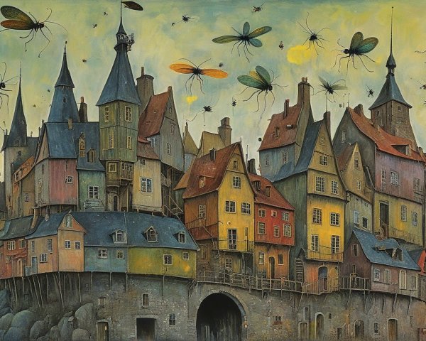 Whimsical Fantasy Landscape with Vibrant Village