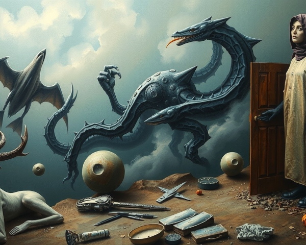 Surreal Scene with Girl, Creatures, and Cloudy Sky