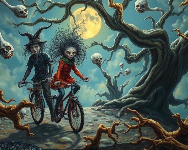 Whimsical Characters Cycling in a Spooky Landscape