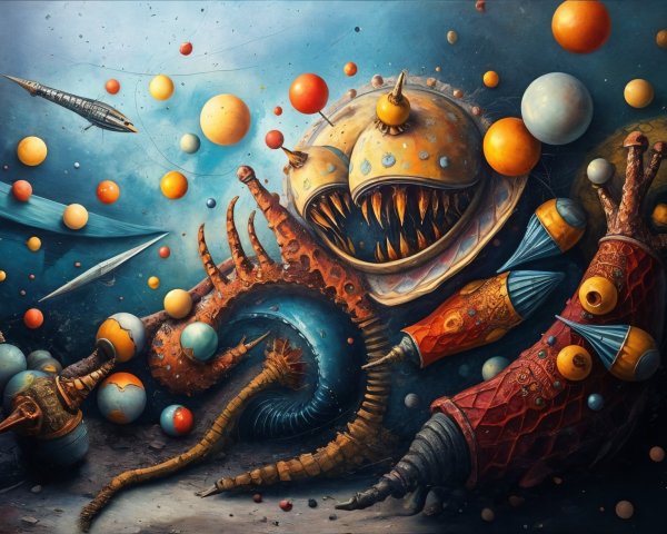 Surreal Scene with Vibrant Spheres and Creatures