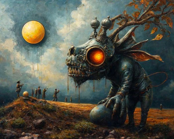 Surreal Landscape with Massive Creature and Yellow Sun