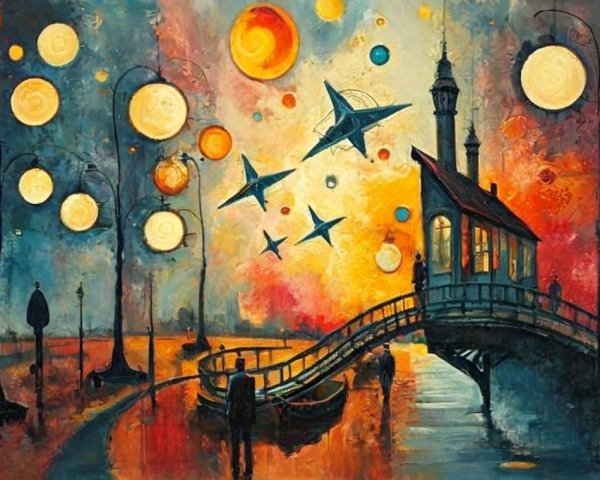 Vibrant Dreamlike Scene with Colorful Sky and Bridge