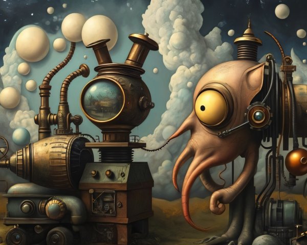 Surreal Landscape with Cartoonish Octopus and Machine