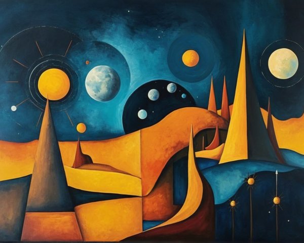Abstract Landscape with Pyramids and Cosmic Elements