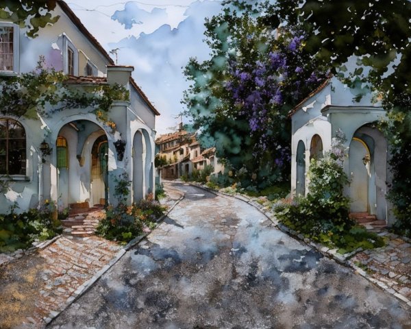 Charming Winding Street with Quaint Houses and Flowers