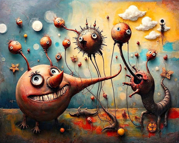 Surreal Landscape with Cartoonish Creatures and Colors