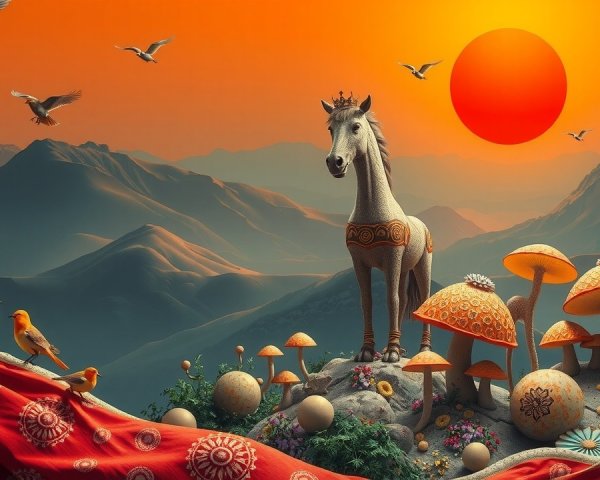 Surreal Landscape with White Horse and Vibrant Mushrooms