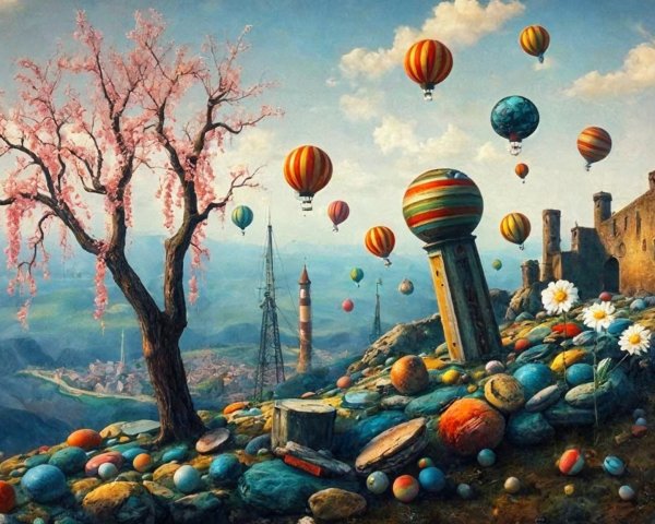 Whimsical Landscape with Pink Tree and Hot Air Balloons