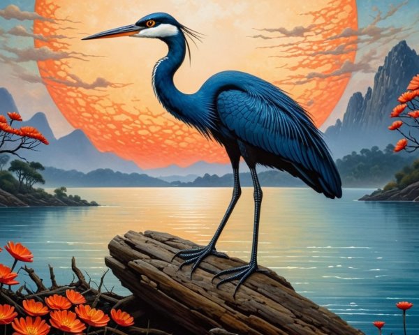 Blue Heron by Sunset Lake with Lotus Flowers