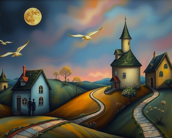 Whimsical Landscape with Hills, Moon, and Charming Homes