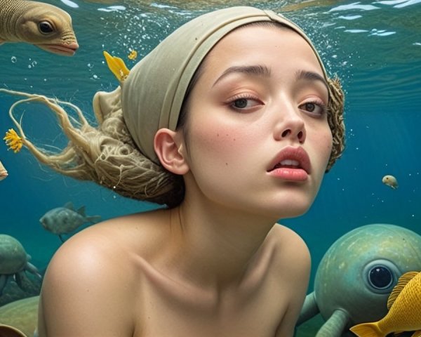 Underwater Scene with Woman and Vibrant Sea Life