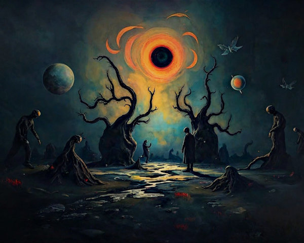 Surreal Cosmic Horror Landscape with Dark Figures