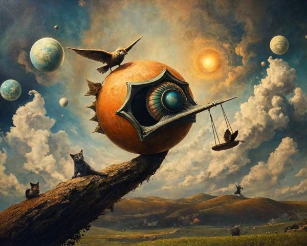 Surreal Landscape with Giant Shell and Dreamlike Sky