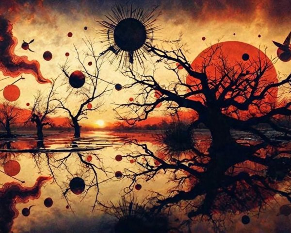 Surreal Sunset Landscape with Twisted Trees and Cosmos