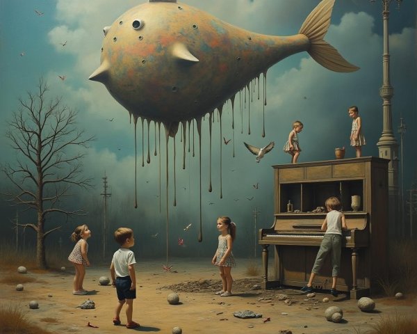 Surreal Landscape with Giant Fish and Children Exploring
