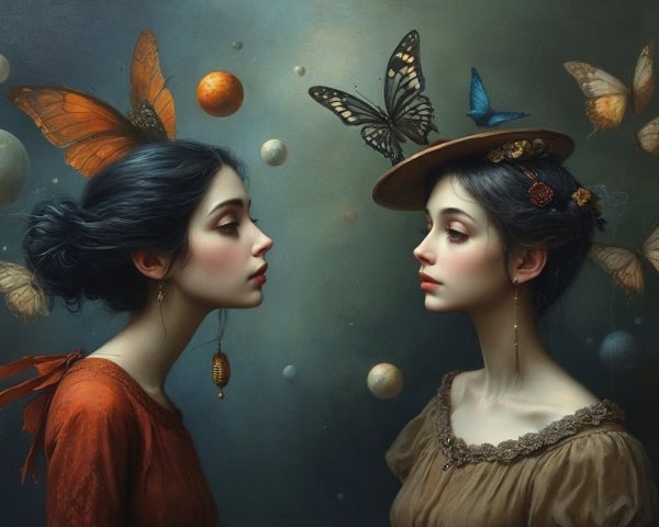 Ethereal Women Surrounded by Butterflies and Planets