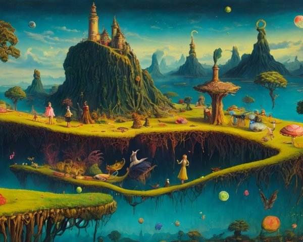 Vibrant Surreal Landscape with Floating Islands and Castle