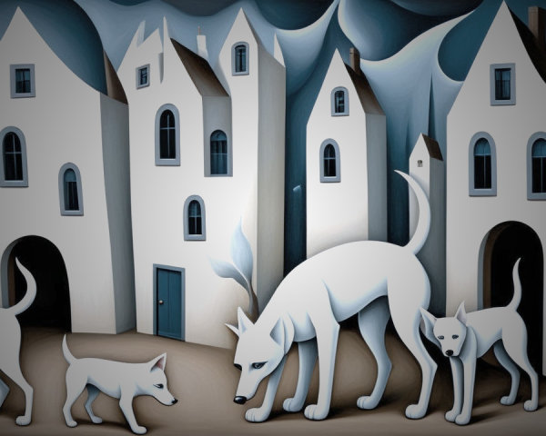 Whimsical Scene of White Dogs and Abstract Houses