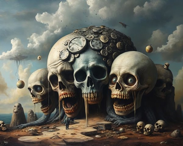 Surreal Landscape with Hollow Skulls and Clocks