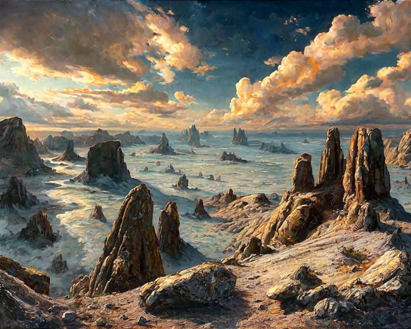 Rugged Rock Formations in Misty Golden Landscape