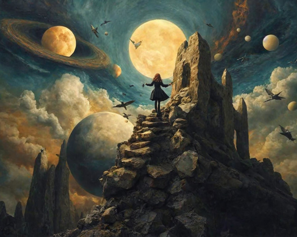 Figure on Rocks Beneath Cosmic Landscape with Moons