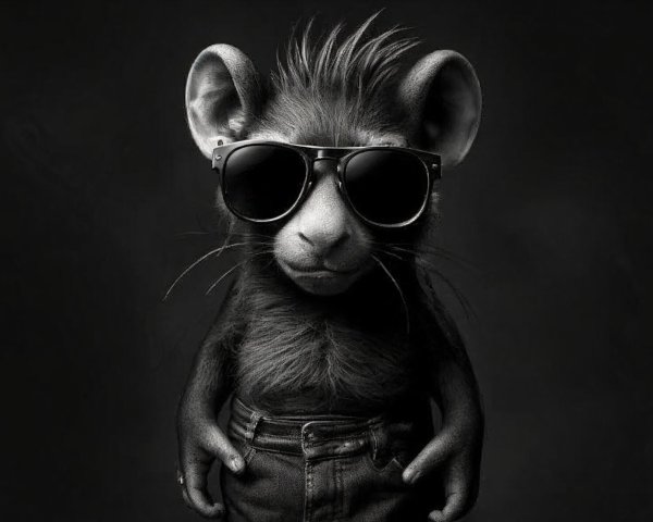Stylish Cartoon Monkey in Denim Against Dark Background