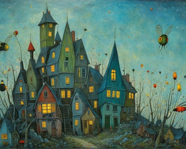 Whimsical Village Under Twilight Sky with Colorful Houses