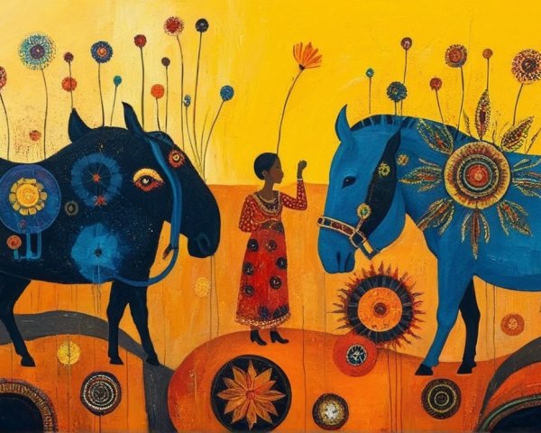 Vibrant Artwork of Two Stylized Horses and a Woman