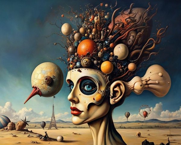 Surreal Landscape with Human Head and Eiffel Tower