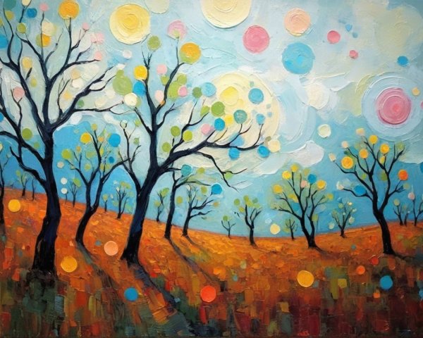 Vibrant landscape with bare trees and colorful forms