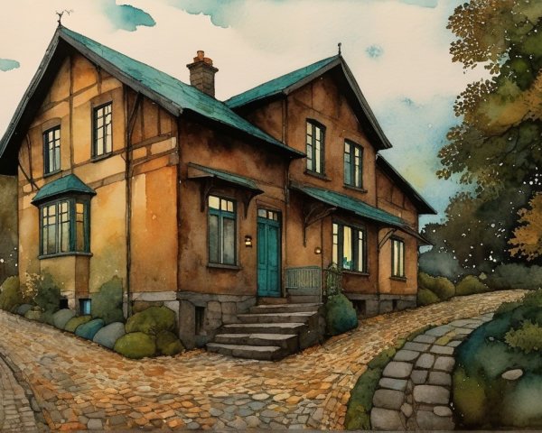 Two-Story House with Blue Accents and Greenery