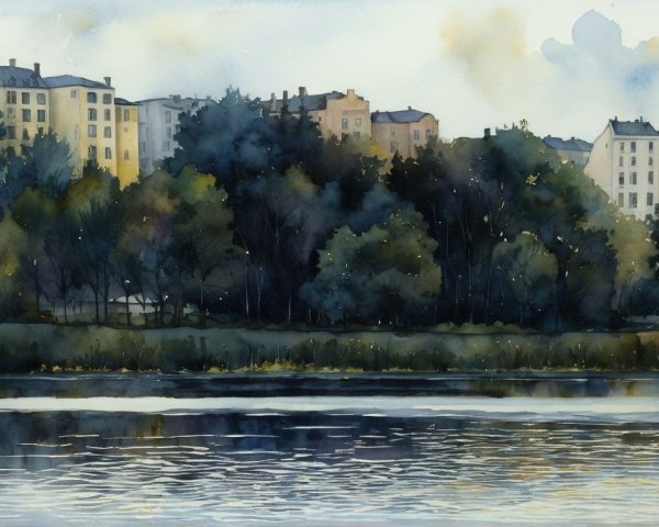 Watercolor Landscape of River and Urban Buildings