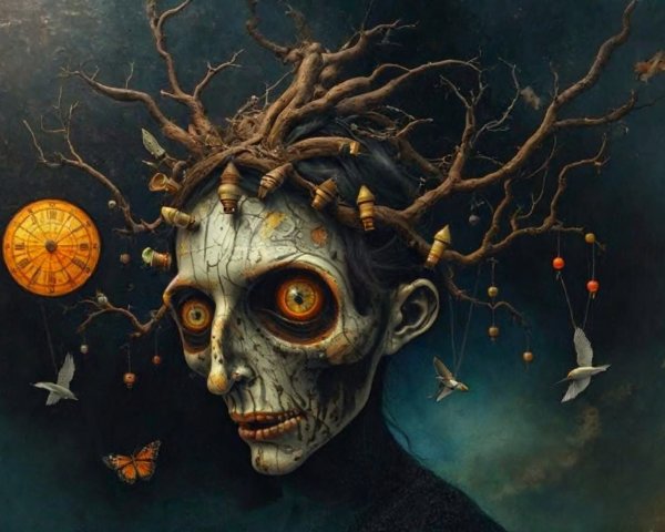 Haunting Figure with Skeletal Face and Surreal Elements