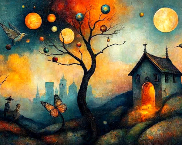 Dreamy Landscape with Twisted Tree and Whimsical House
