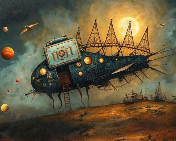 Steampunk-Inspired Spacecraft on Barren Landscape
