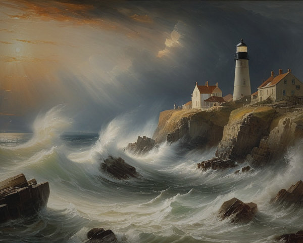 Coastal Lighthouse on Rugged Cliff with Dramatic Waves