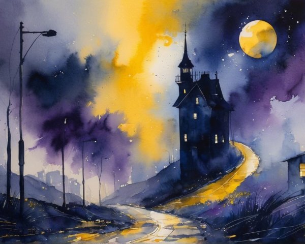 Whimsical Watercolor of House on a Hill at Night