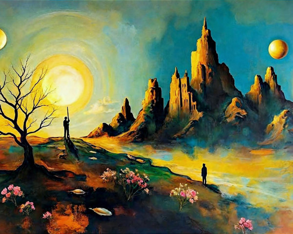 Vibrant Otherworldly Landscape with Two Suns and Trees