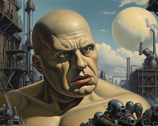 Muscular Figure in Industrial Landscape with Skulls