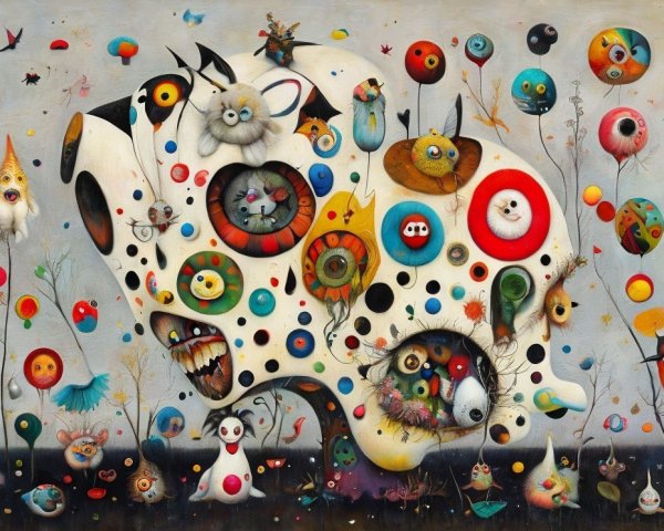 Surreal Landscape with Abstract Skull and Colorful Creatures