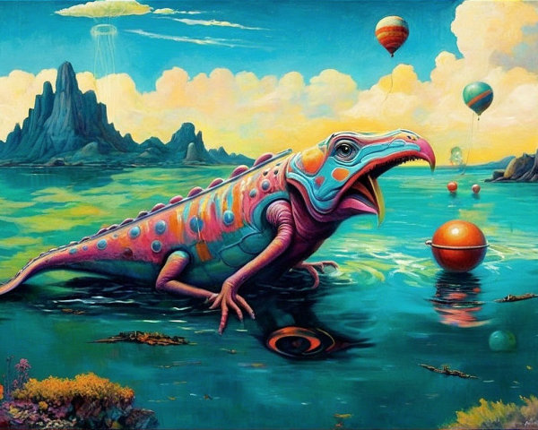 Surreal Landscape with Colorful Lizard and Lake