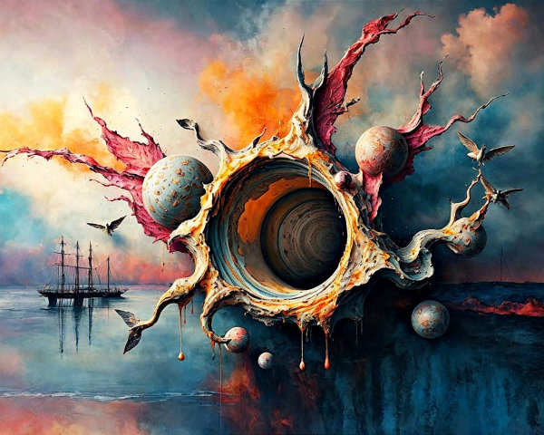 Surreal Painting of Organic Structure and Sailing Ship