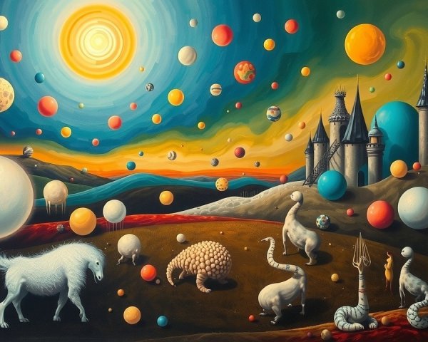 Surreal Landscape with Vibrant Celestial Bodies