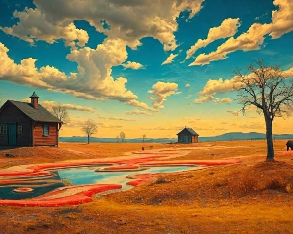 Serene Landscape with Rustic Structures and Stream