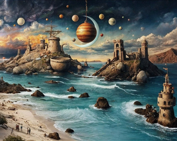 Surreal Seascape with Islands and Celestial Elements