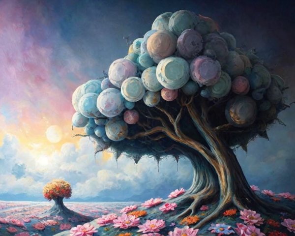 Surreal Landscape with Whimsical Trees and Sunset