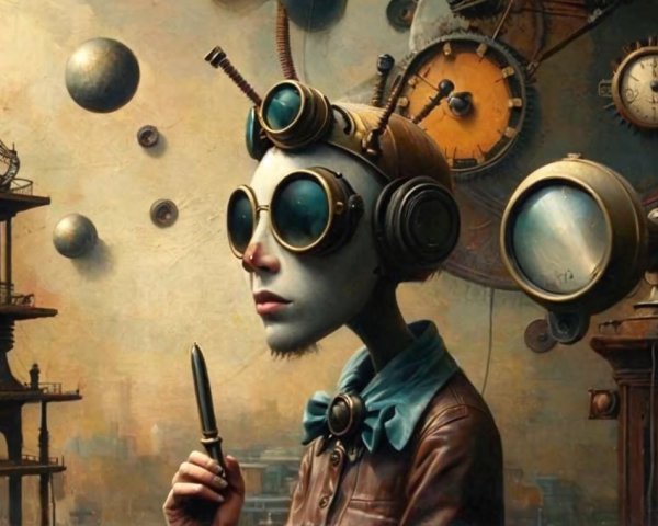 Steampunk Figure Amidst Machinery and Celestial Orbs
